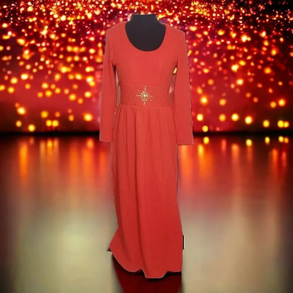 Orange Maxi Dress Long Sleeve Metalic Starburst Waist MCM VTG Polyester - Picture 1 of 9